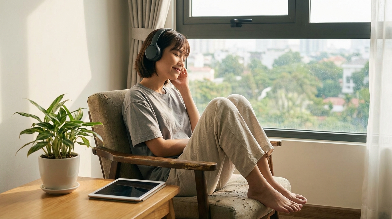 Người trẻ Việt Nam nghe truyện audio một mình trong không gian riêng