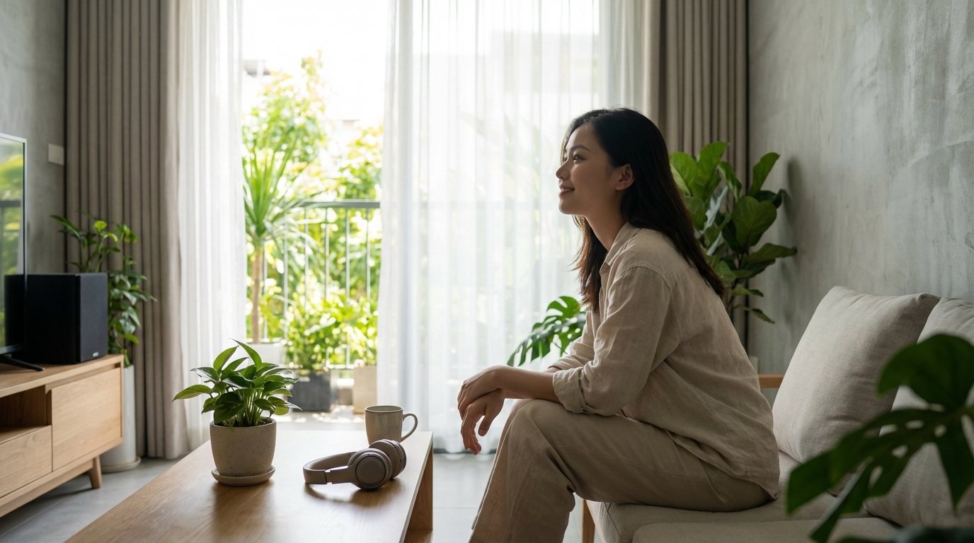 Người trẻ Việt Nam ngồi yên tĩnh và không nghe truyện audio